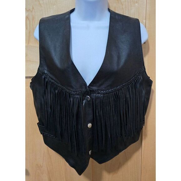 Vintage Black Leather Fringe Vest With Silver Conchos By Hot Leathers Bike Week - Picture 1 of 12